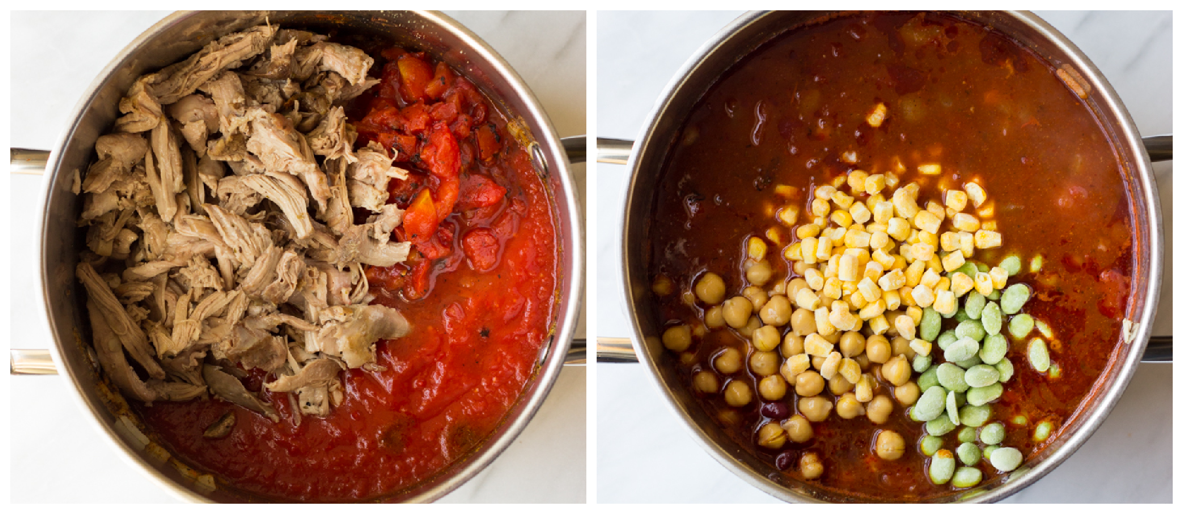 two soup pot photos showing cut up veggies with tomatoes in one, and corn and edamame in second.