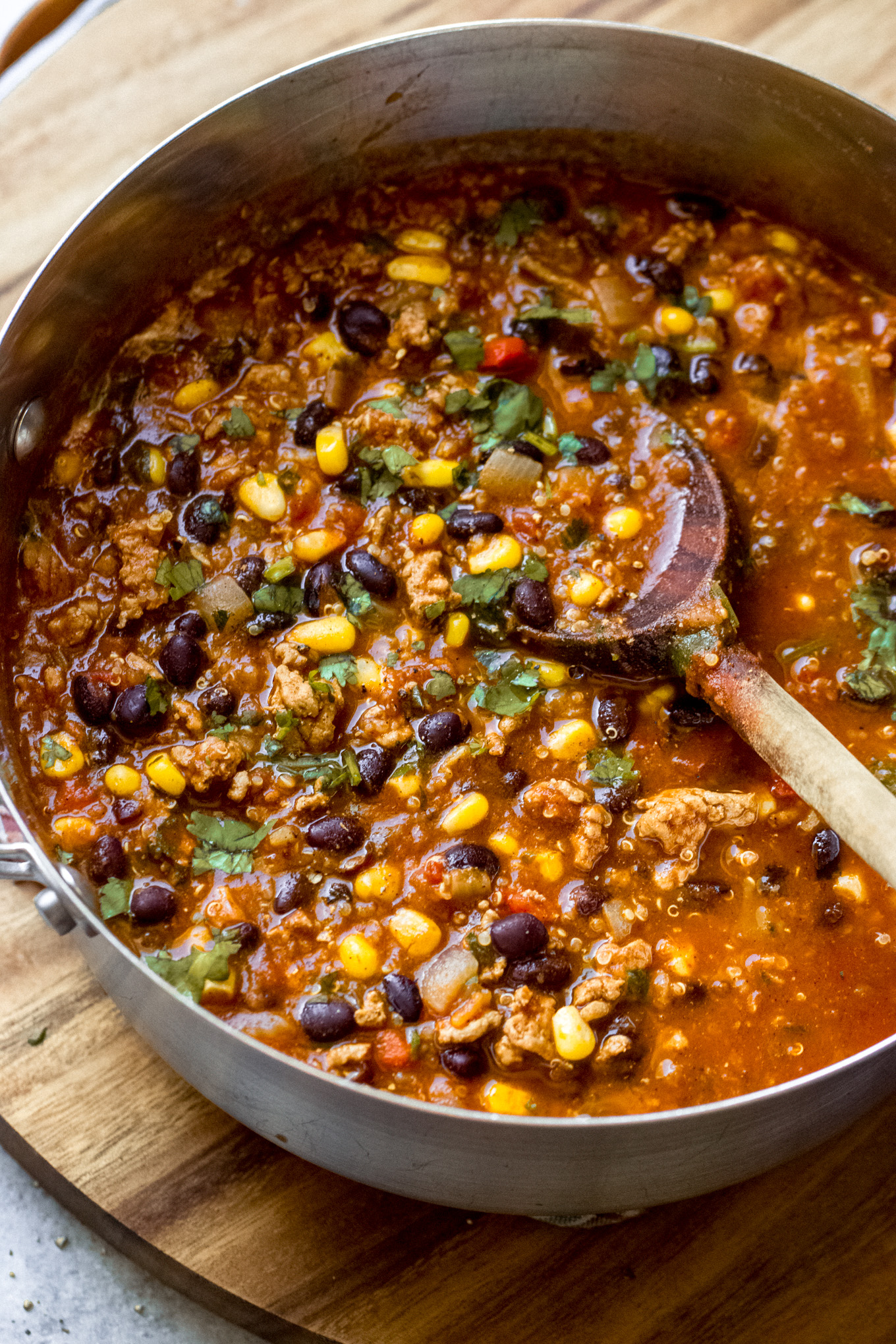 smoky turkey quinoa chili in a dutch oven.