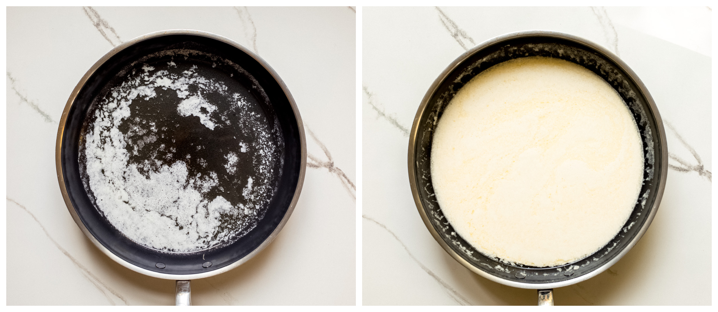 two skillet photos, showing melted butter in one, and cream and butter in other.