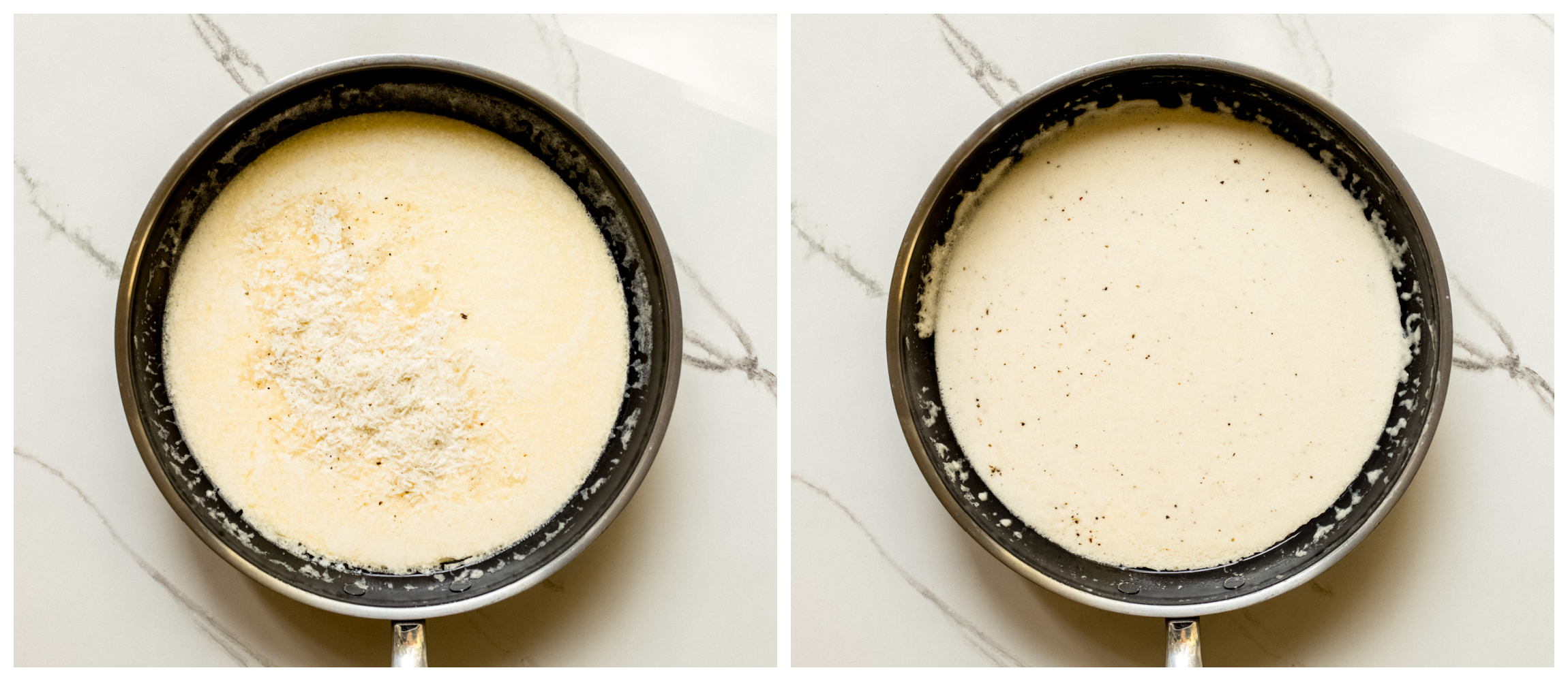 two skillet photos, showing cream and shredded parmesan cheese in one, and melted cheese and cream in second.