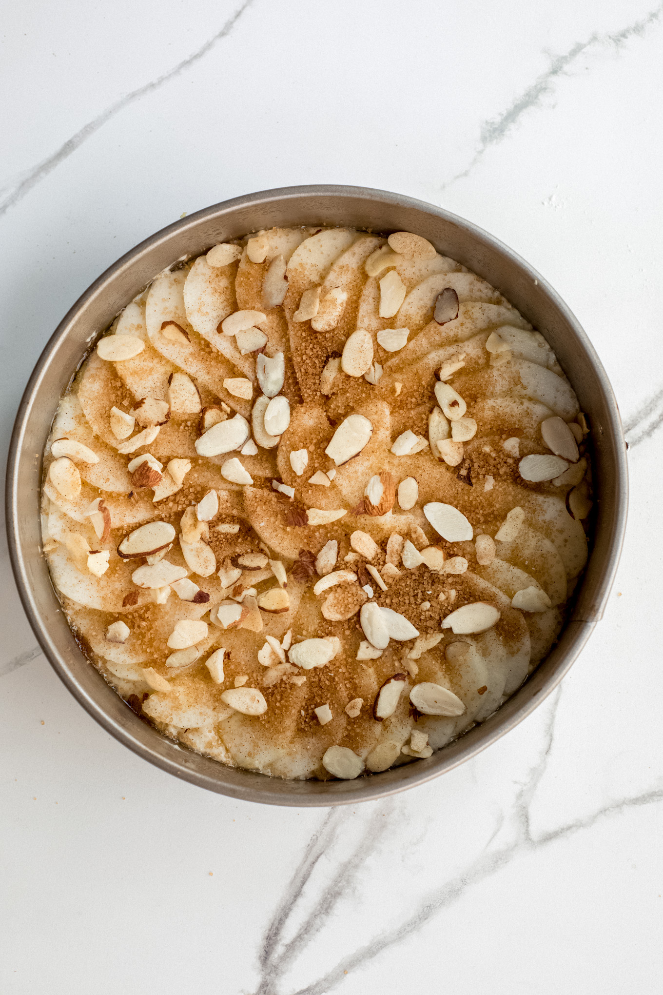 cake batter topped with almonds and cinnamon in a springform pan.