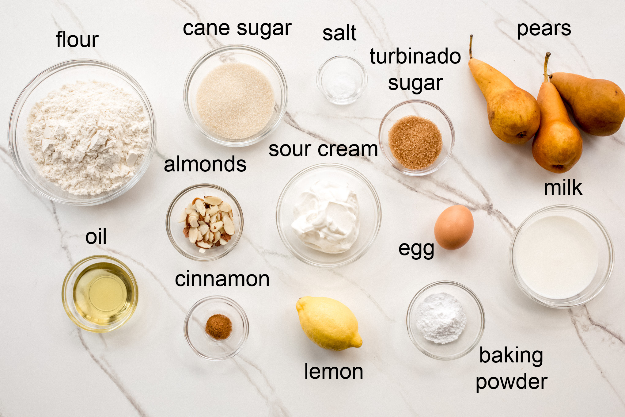 ingredients for pear cake recipe.