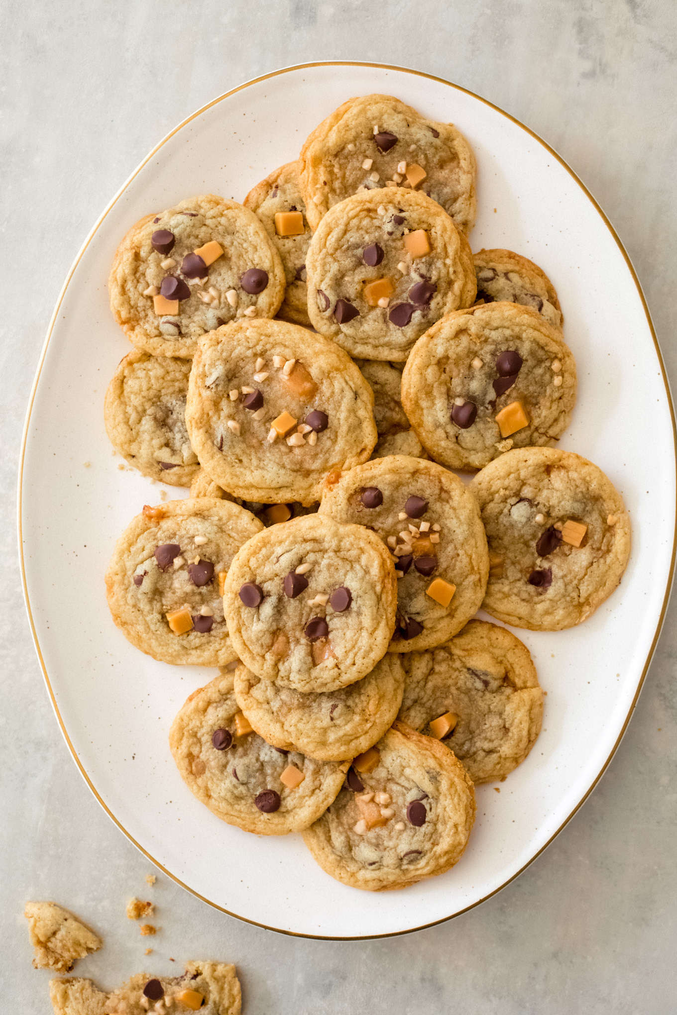 caramel chocolate cookies on a plate.