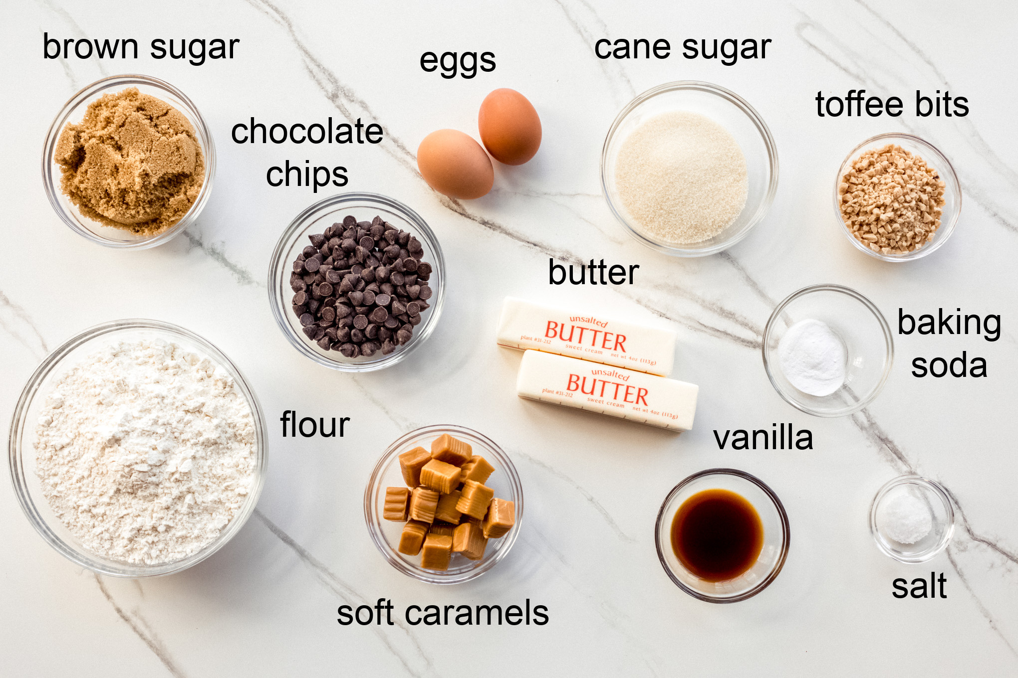 ingredients for toffee cookies with caramel.