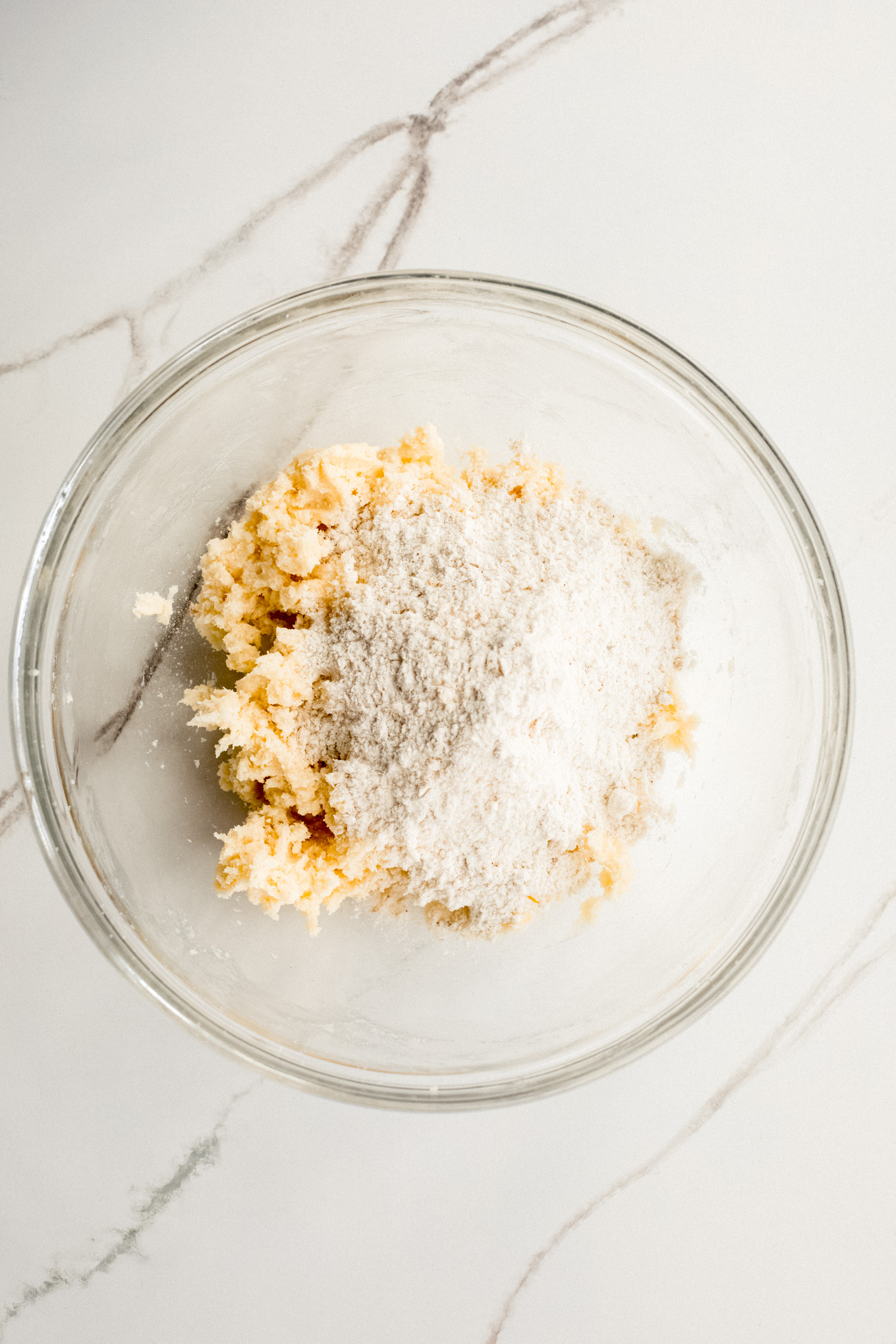 dry and wet ingredients in a bowl.