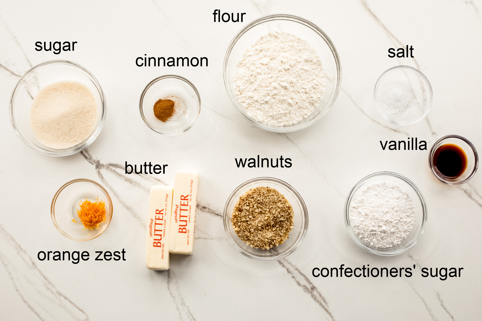 ingredients for walnut crescent cookies.