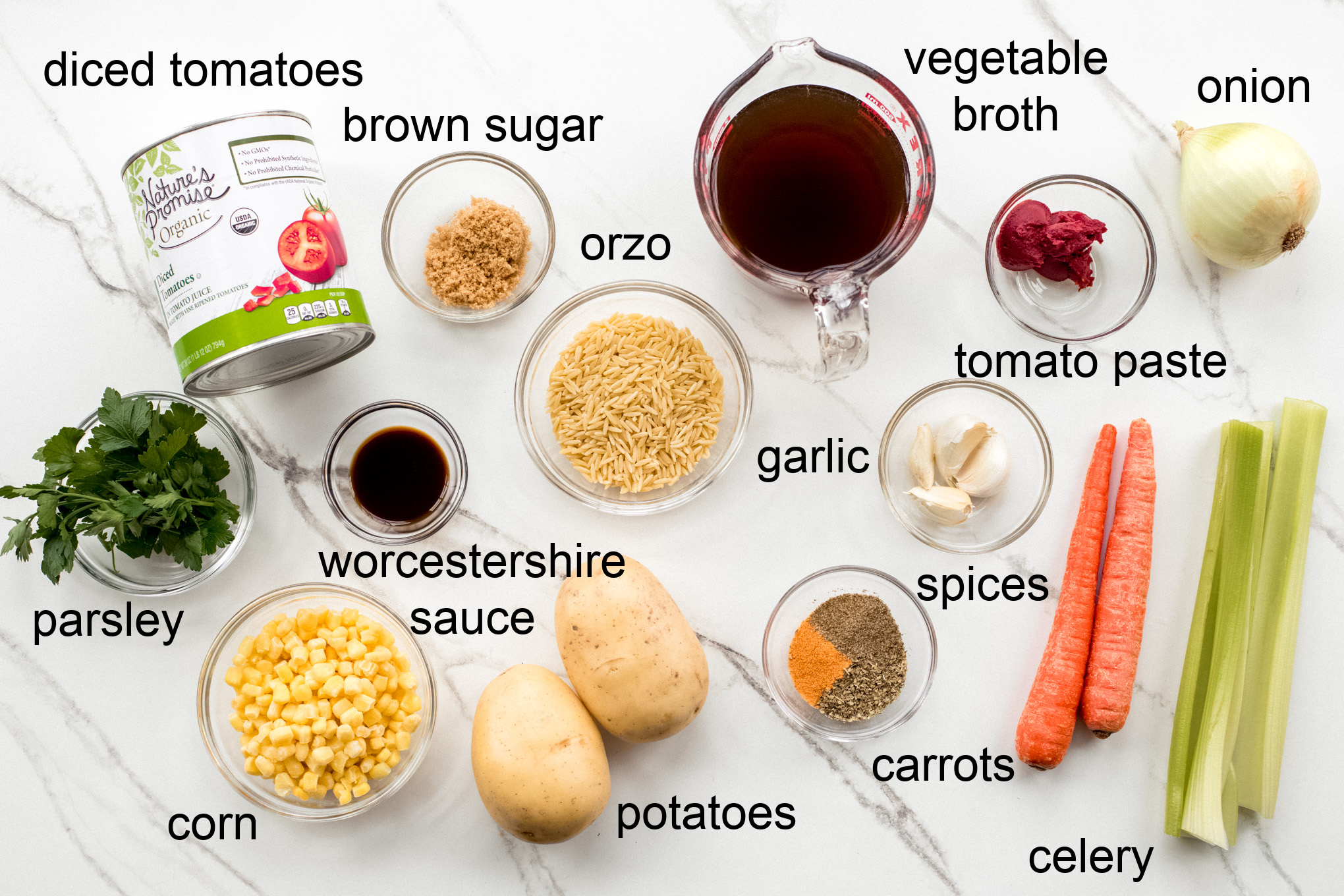 ingredients for vegetarian soup with orzo.