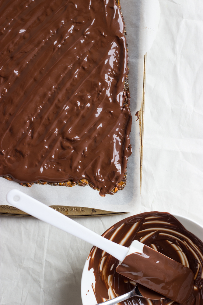 melted chocolate spread over nut and seed mixture.