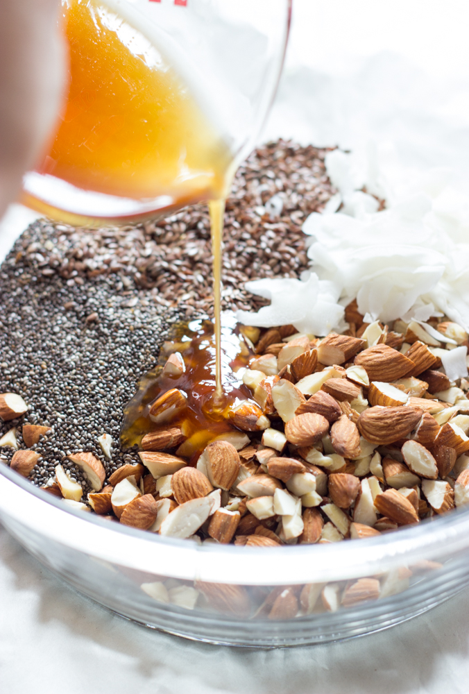 nuts and seeds with honey coconut mixture.