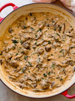 mushroom stroganoff recipe in a saute pan.