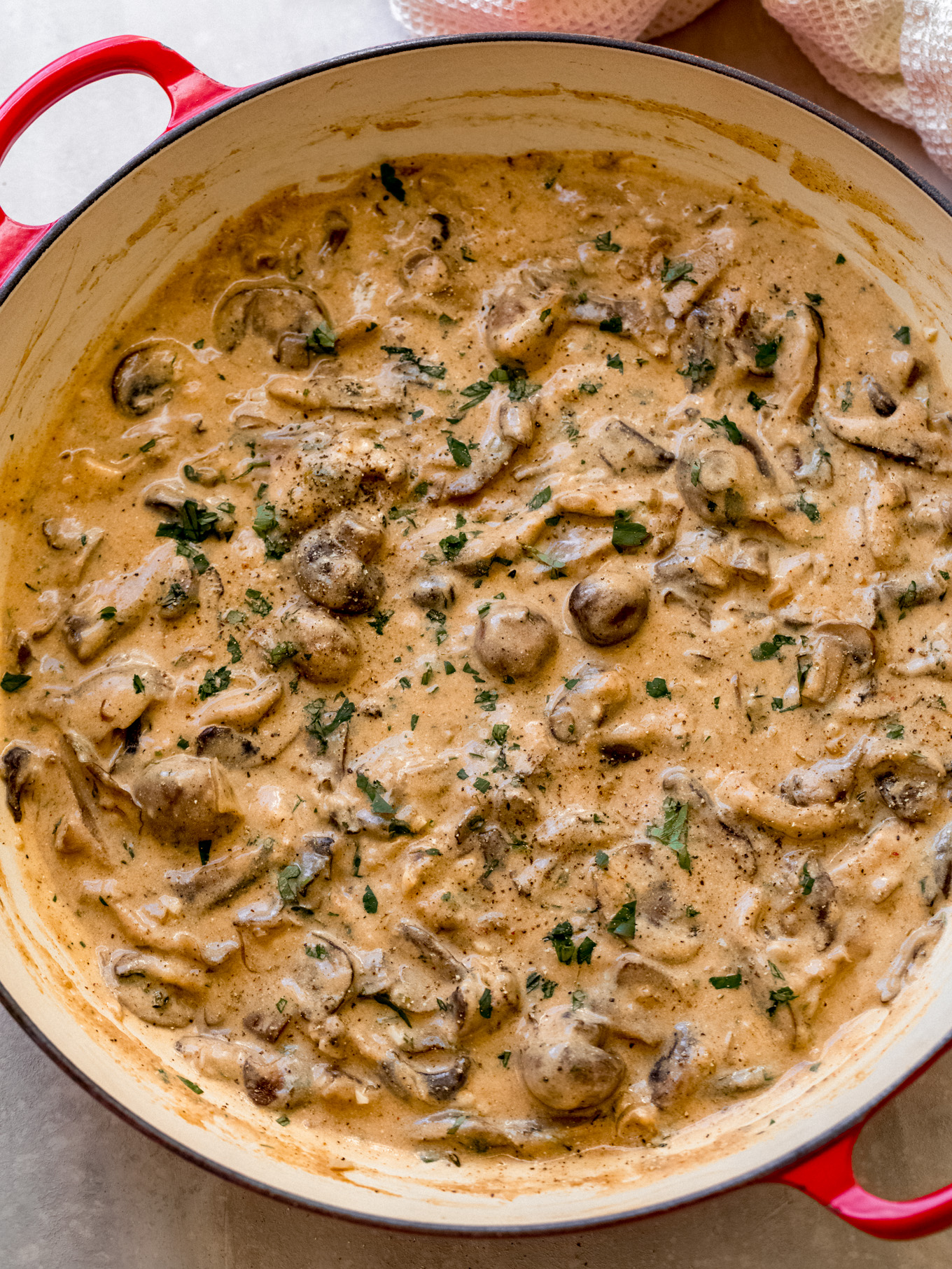mushroom stroganoff recipe in a saute pan.