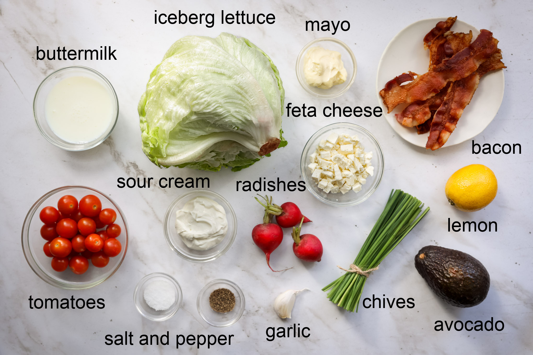ingredients for chopped wedge salad with buttermilk dressing.
