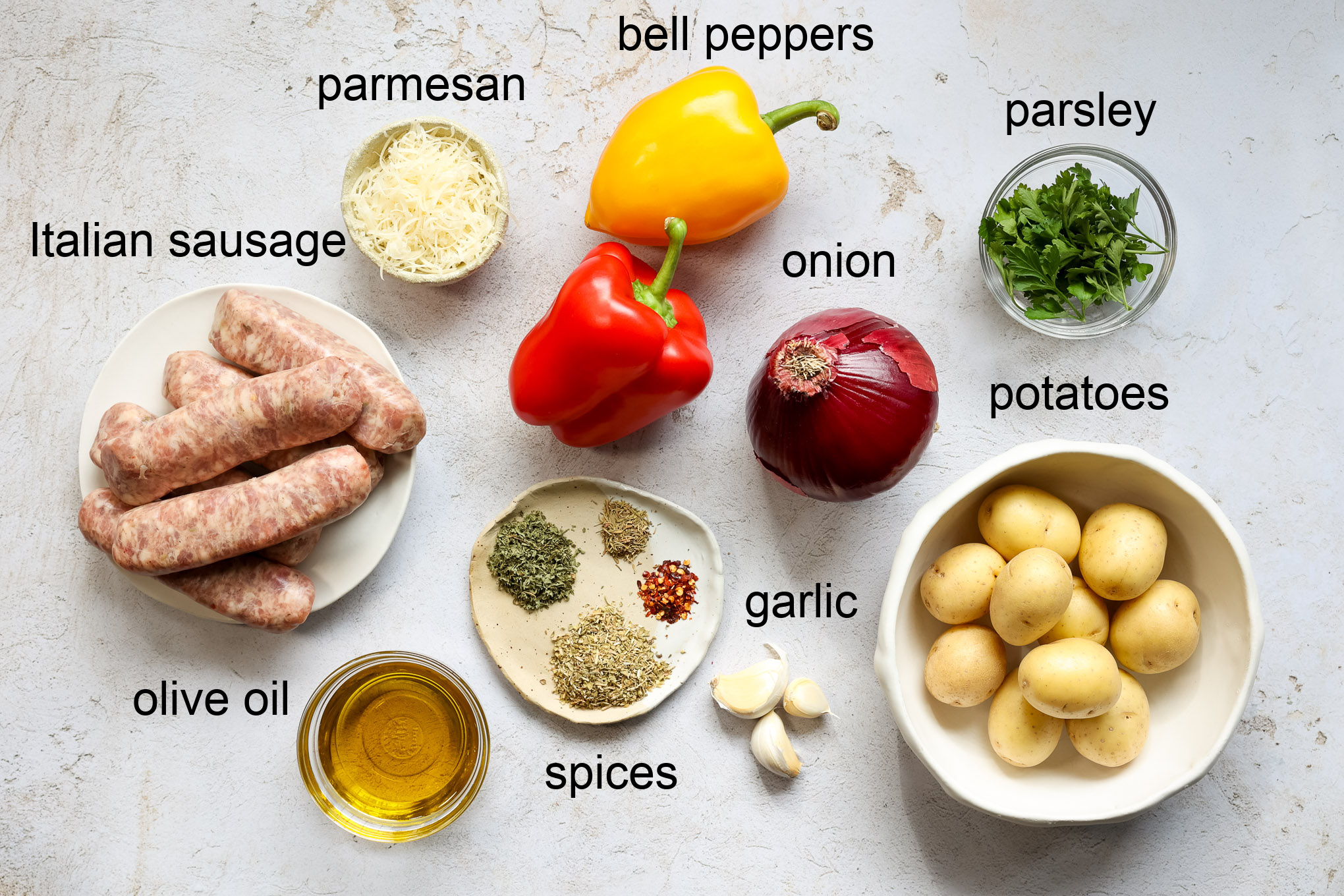 ingredients for sheet pan sausage and potatoes.