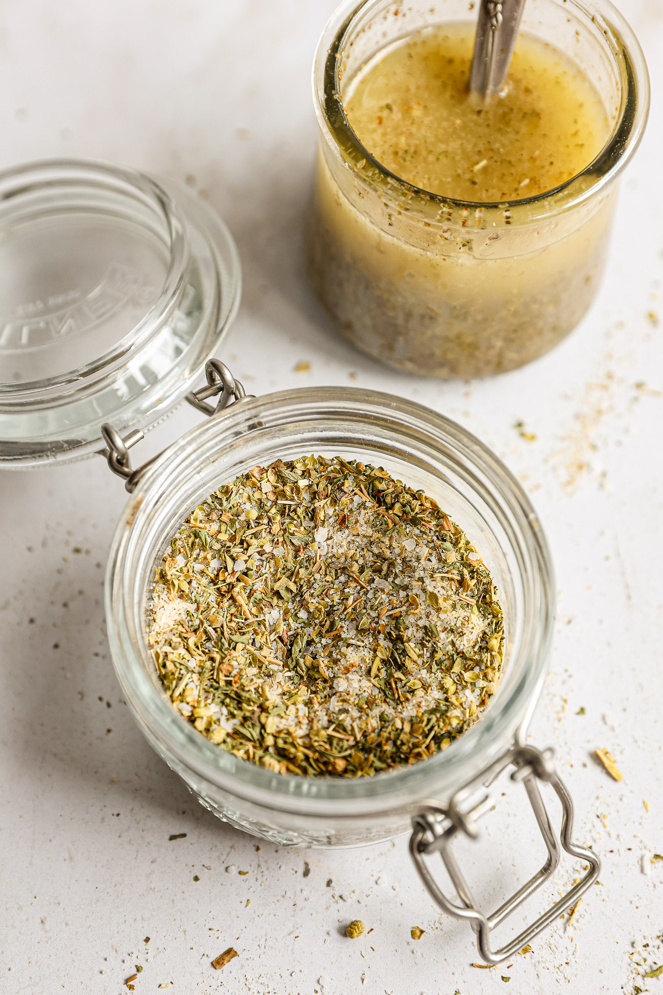 dry Italian dressing mix in a glass jar.