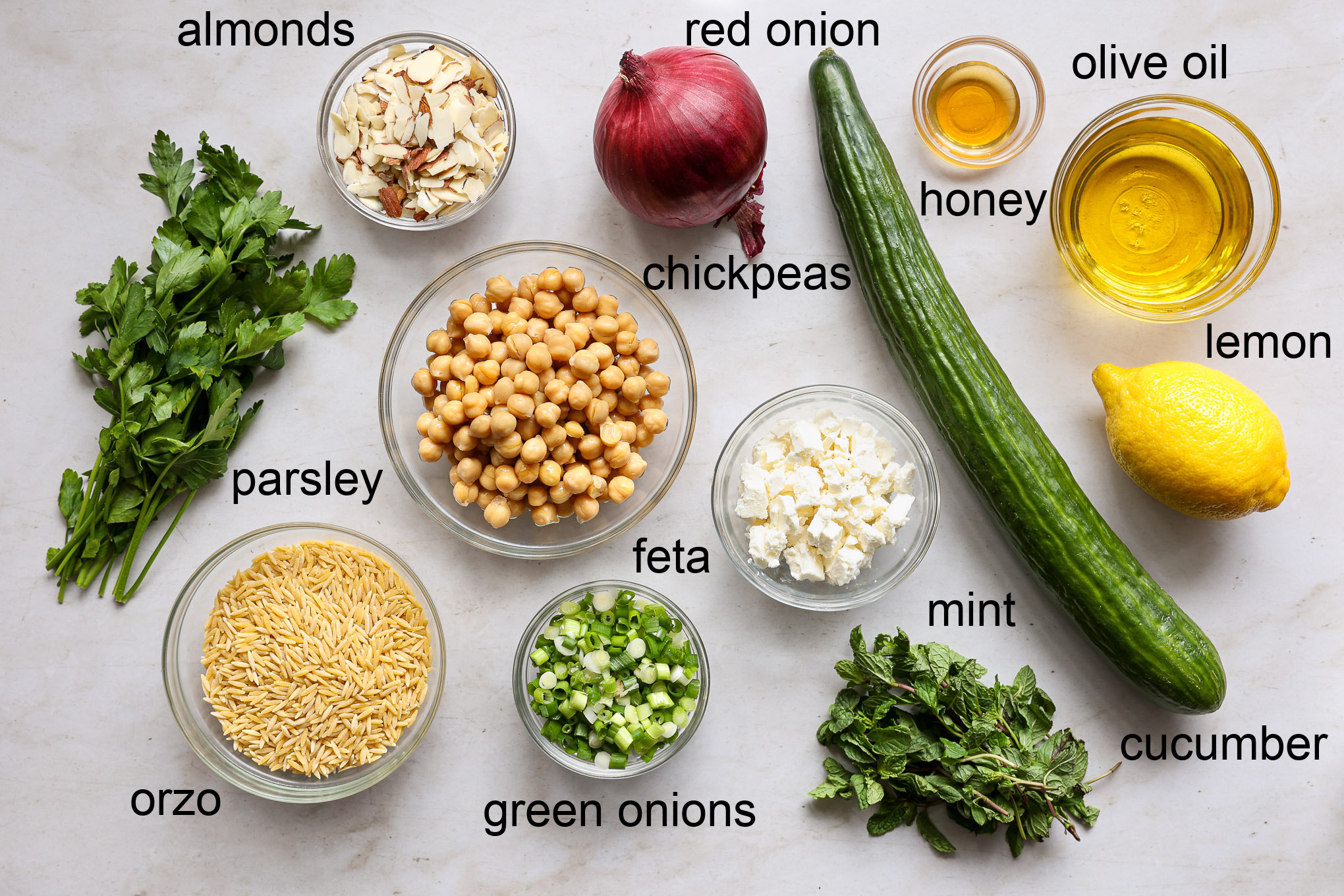 ingredients for orzo salad with feta cheese.
