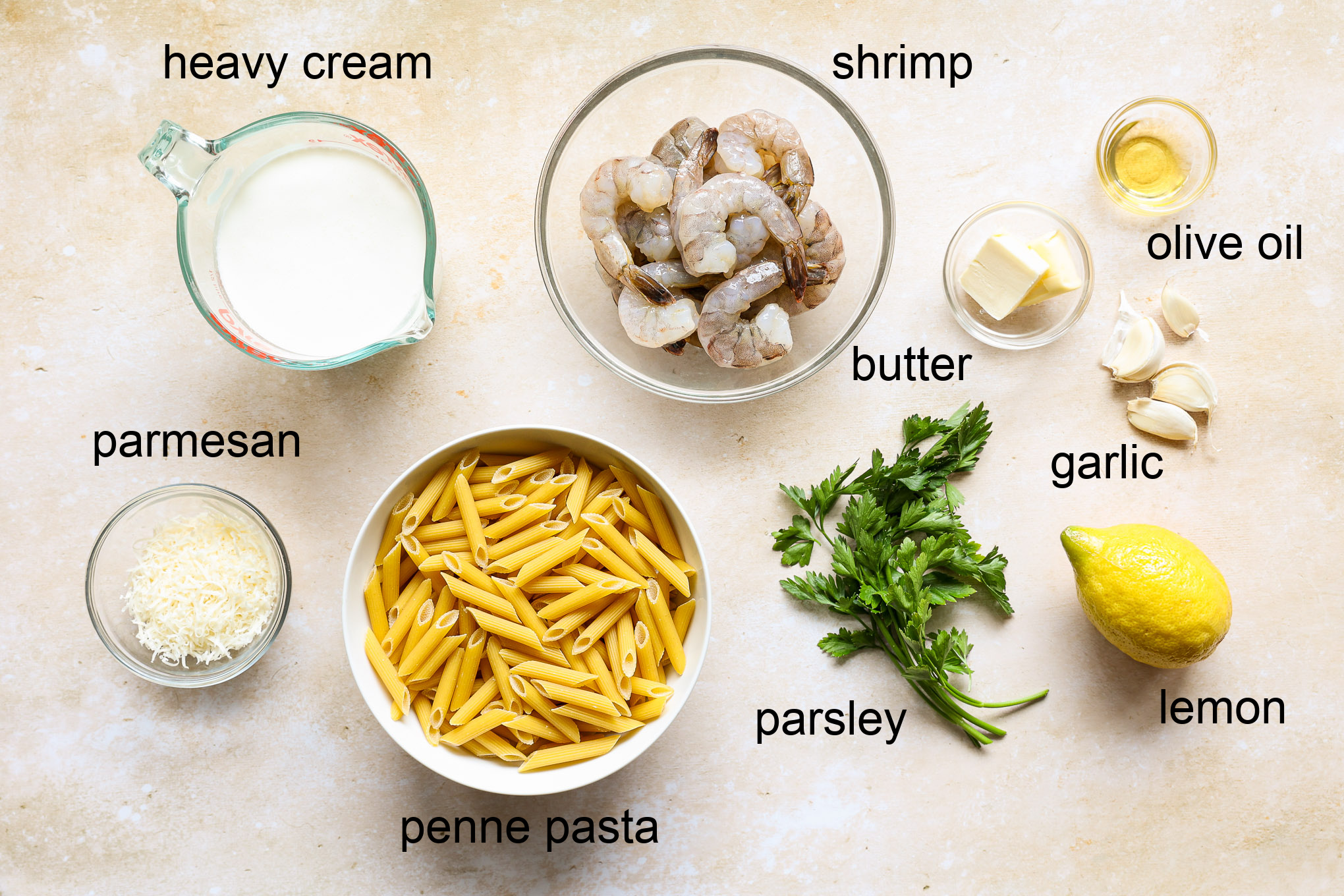 ingredients for shrimp lemon pasta.