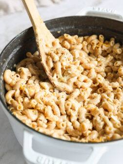close up whole wheat macaroni and cheese with a spoon.