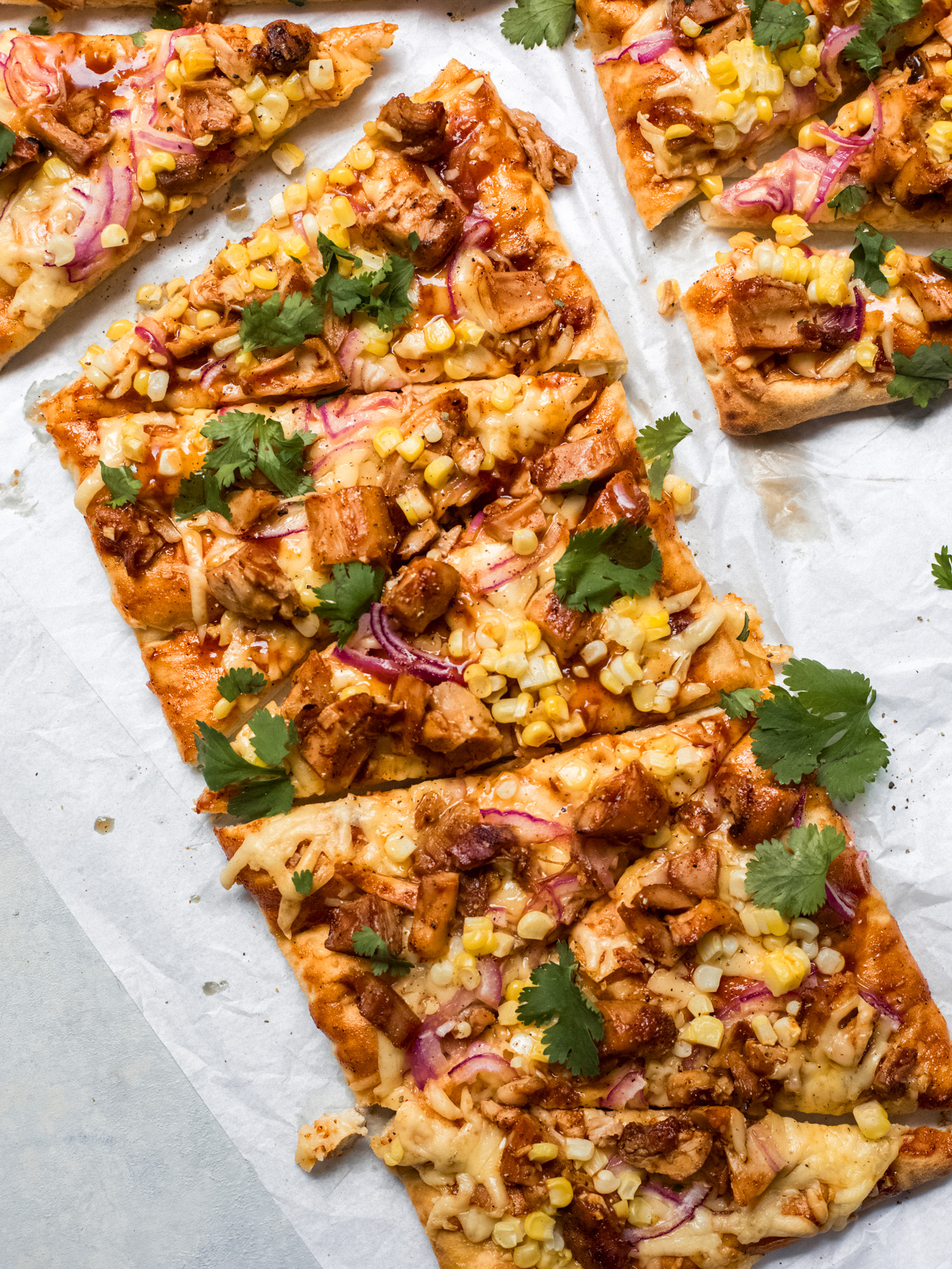 chicken bbq flatbread sliced.