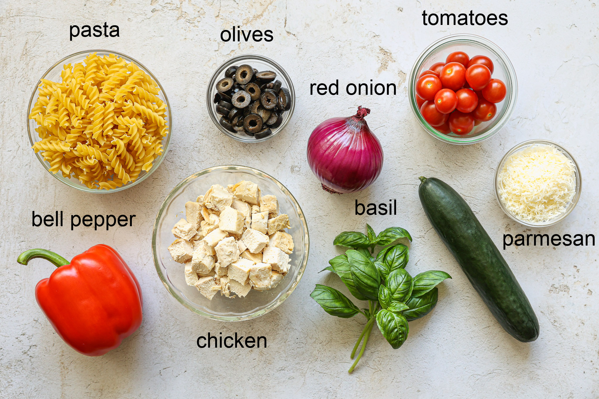 salad ingredients for pasta salad with chicken.
