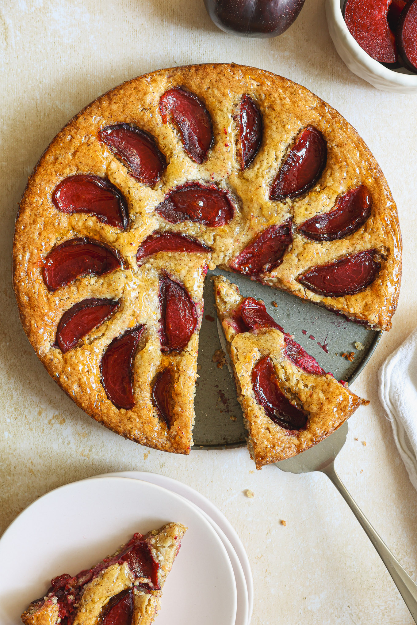 sliced plum torte.