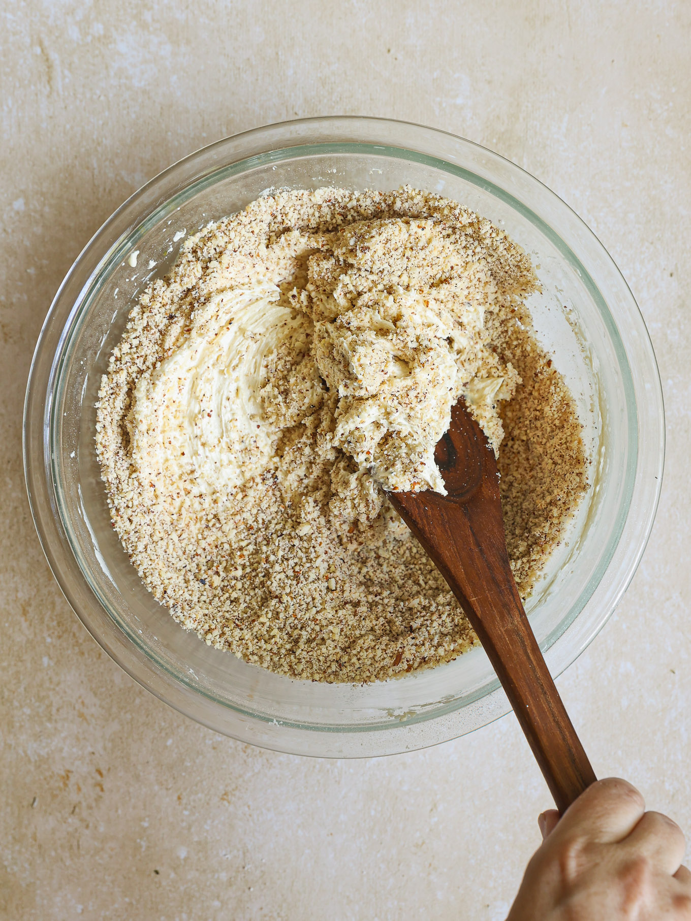 torte batter in a glass bowl.