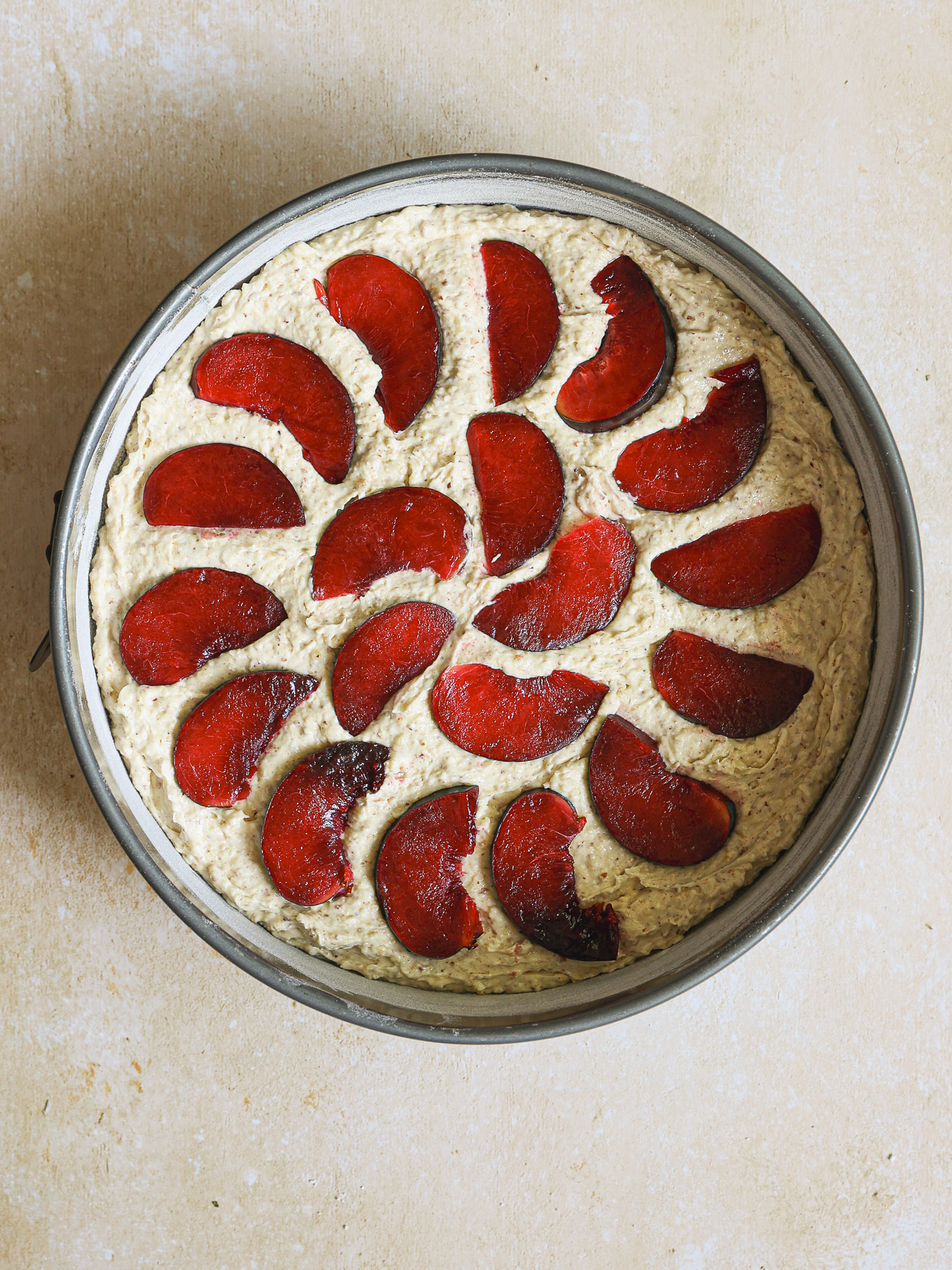 plums layered over torte.