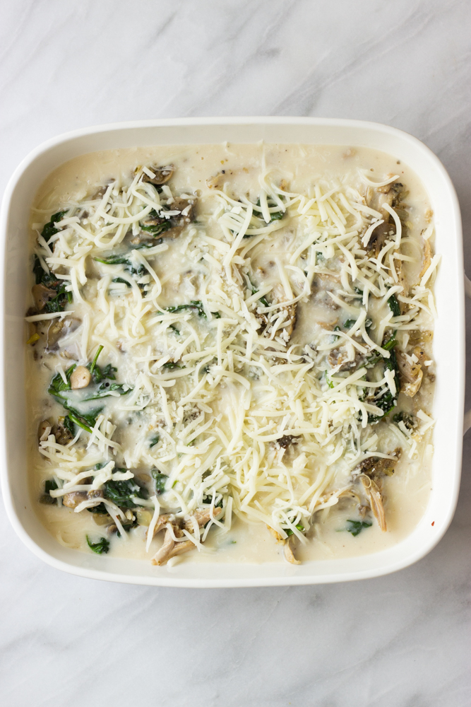 assembled chicken lasagna in a white baking dish.