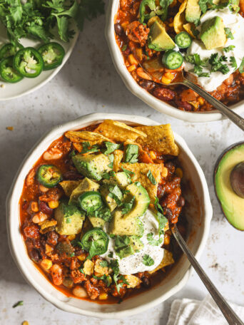 chili with turkey and black beans in a bowl.