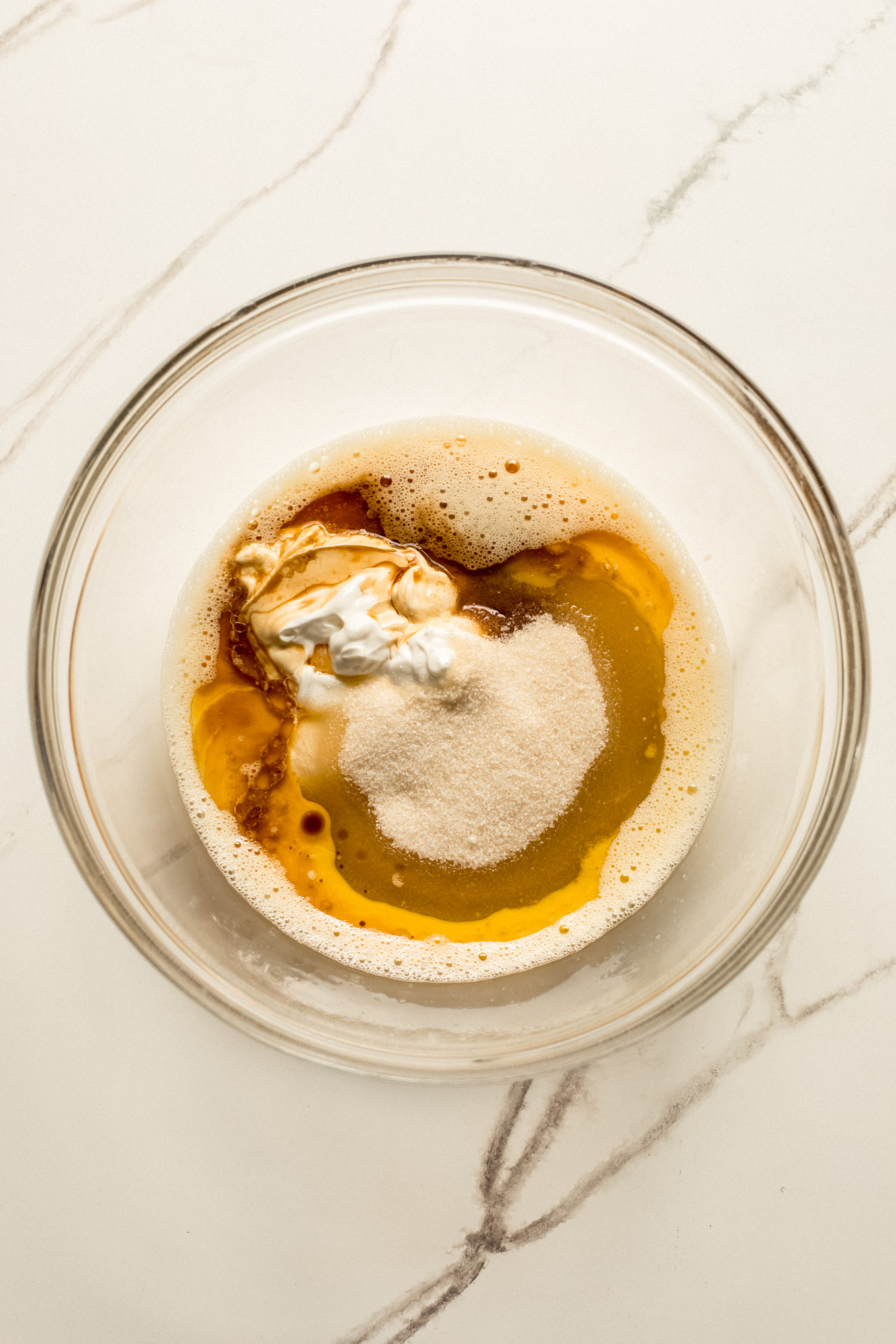 wet ingredients in a glass bowl.