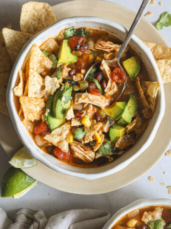 turkey tortilla soup in a bowl.