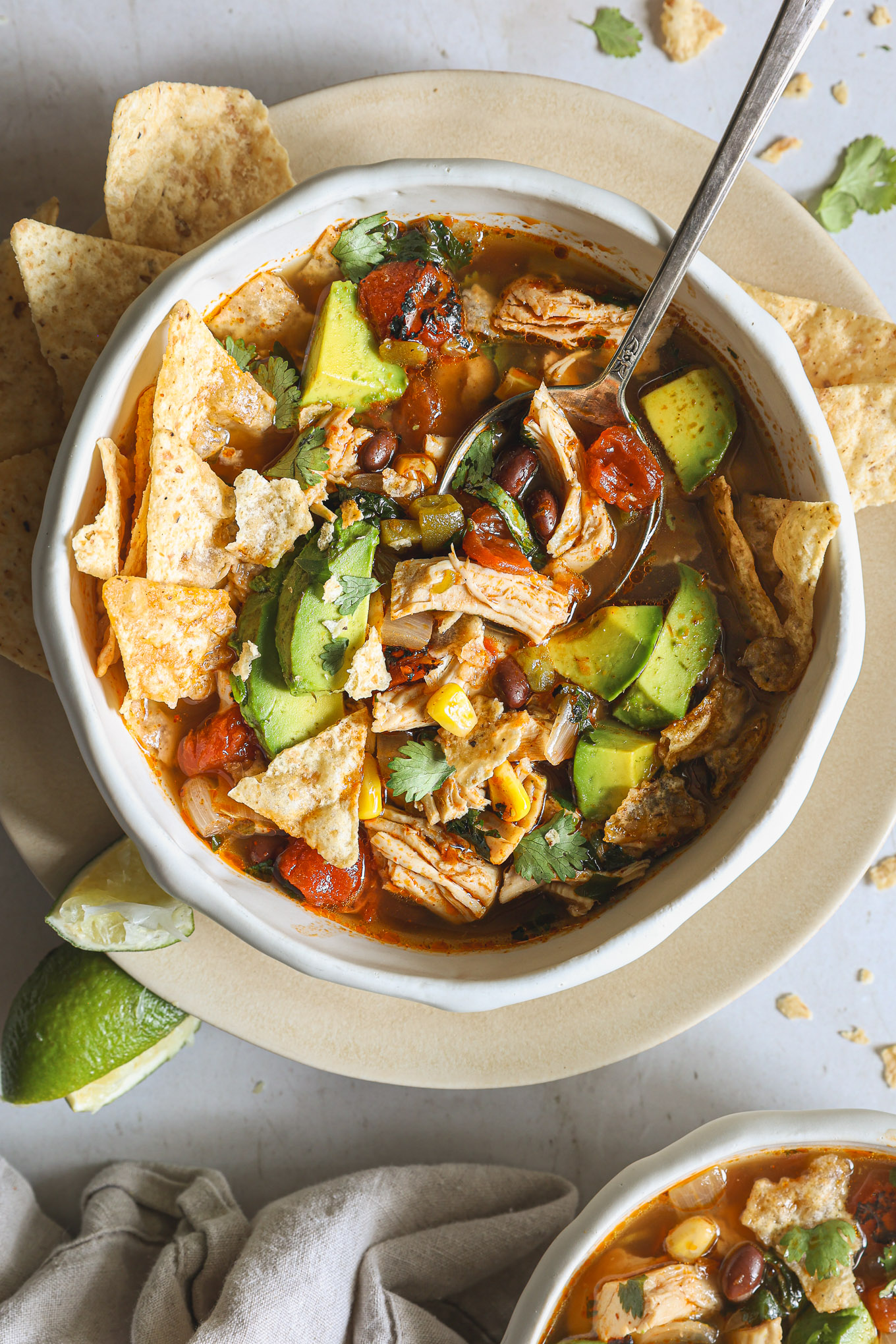 turkey tortilla soup in a bowl.