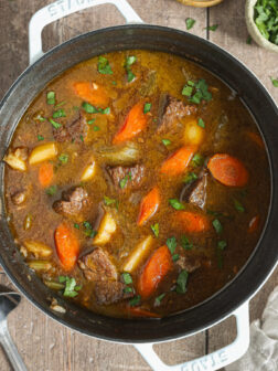 beef stew in a dutch oven.