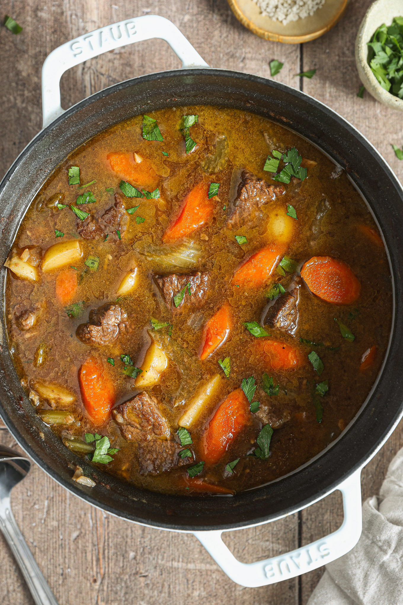 beef stew in a dutch oven.