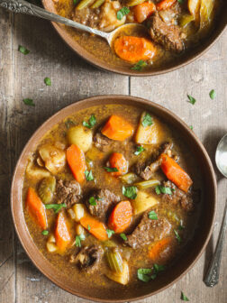 beef stew in a brown bowl.