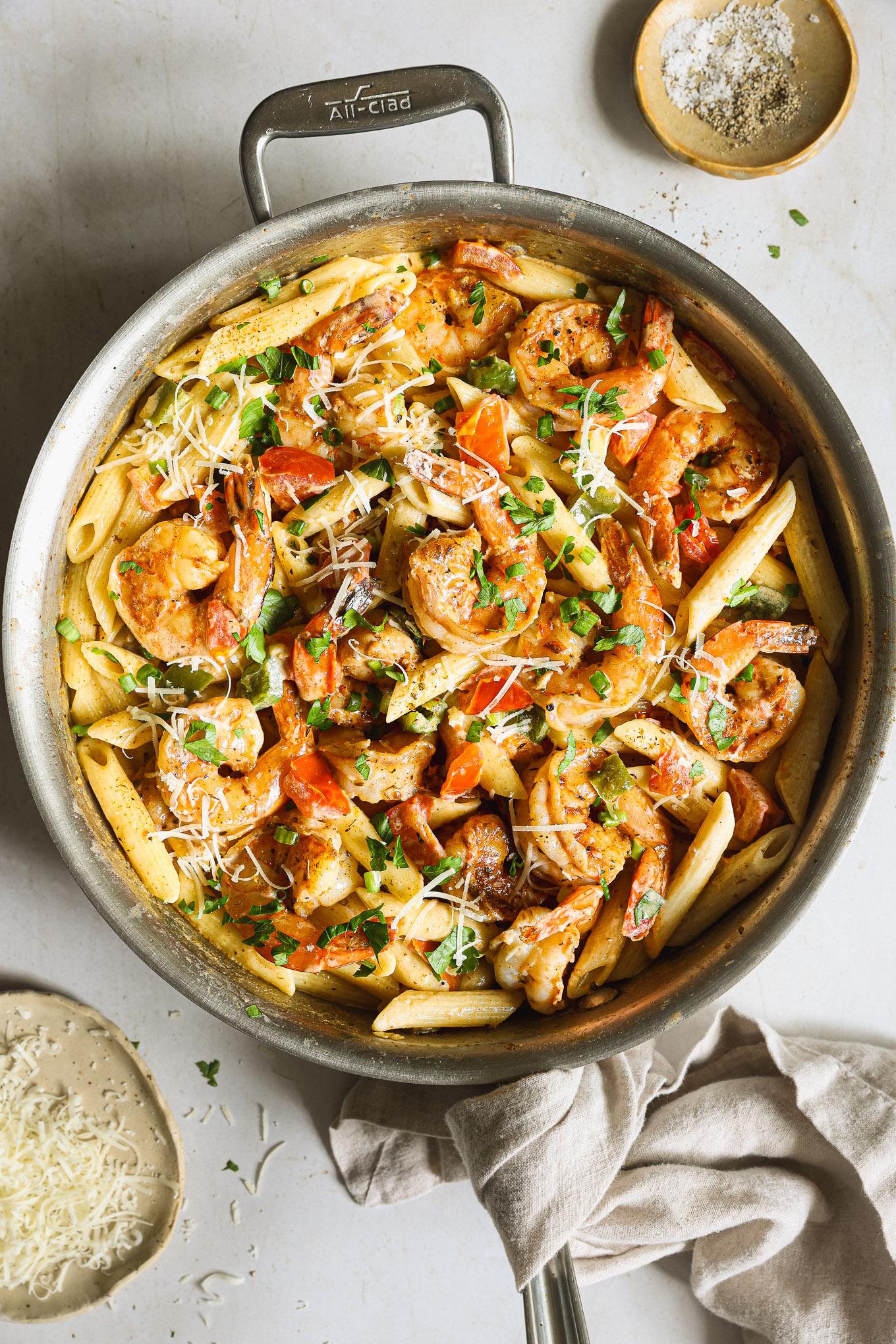 cajun shrimp pasta in a skillet.