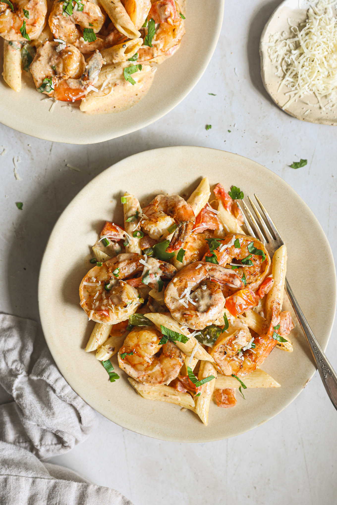 shrimp cajun pasta in a bowl.