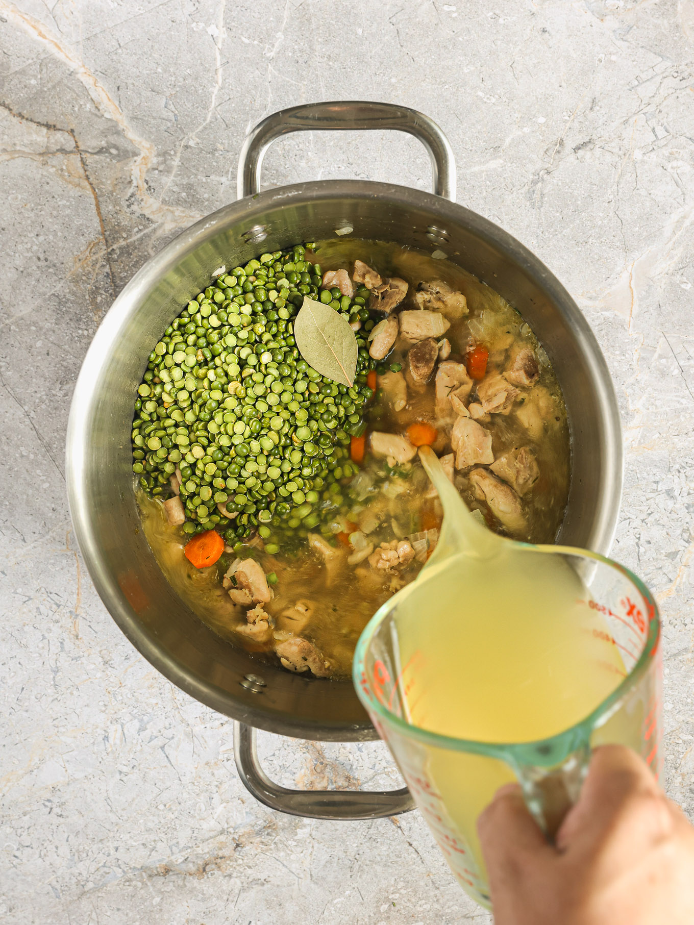 split peas and chicken broth in a pot.