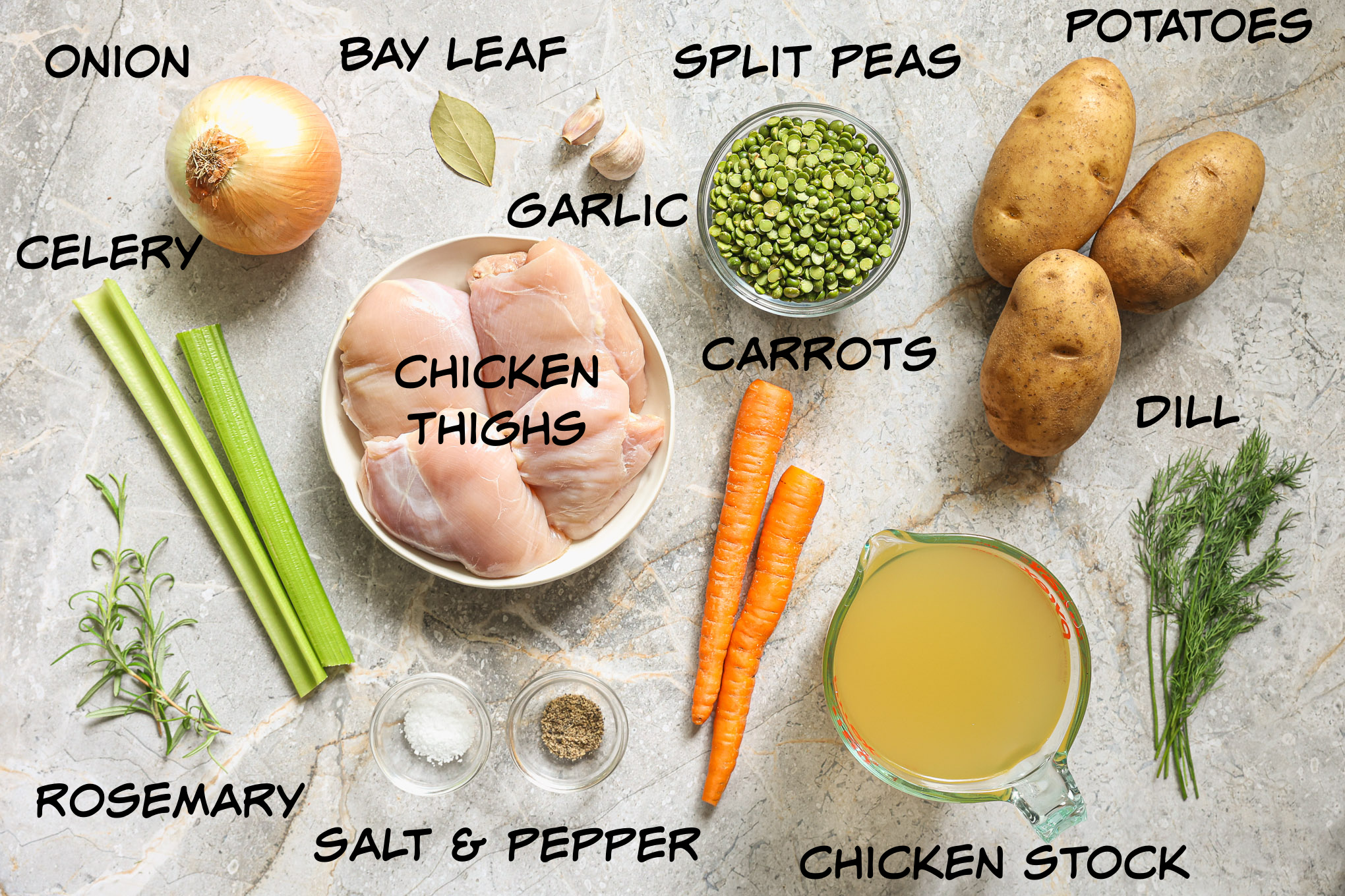 ingredients for chicken split pea soup.