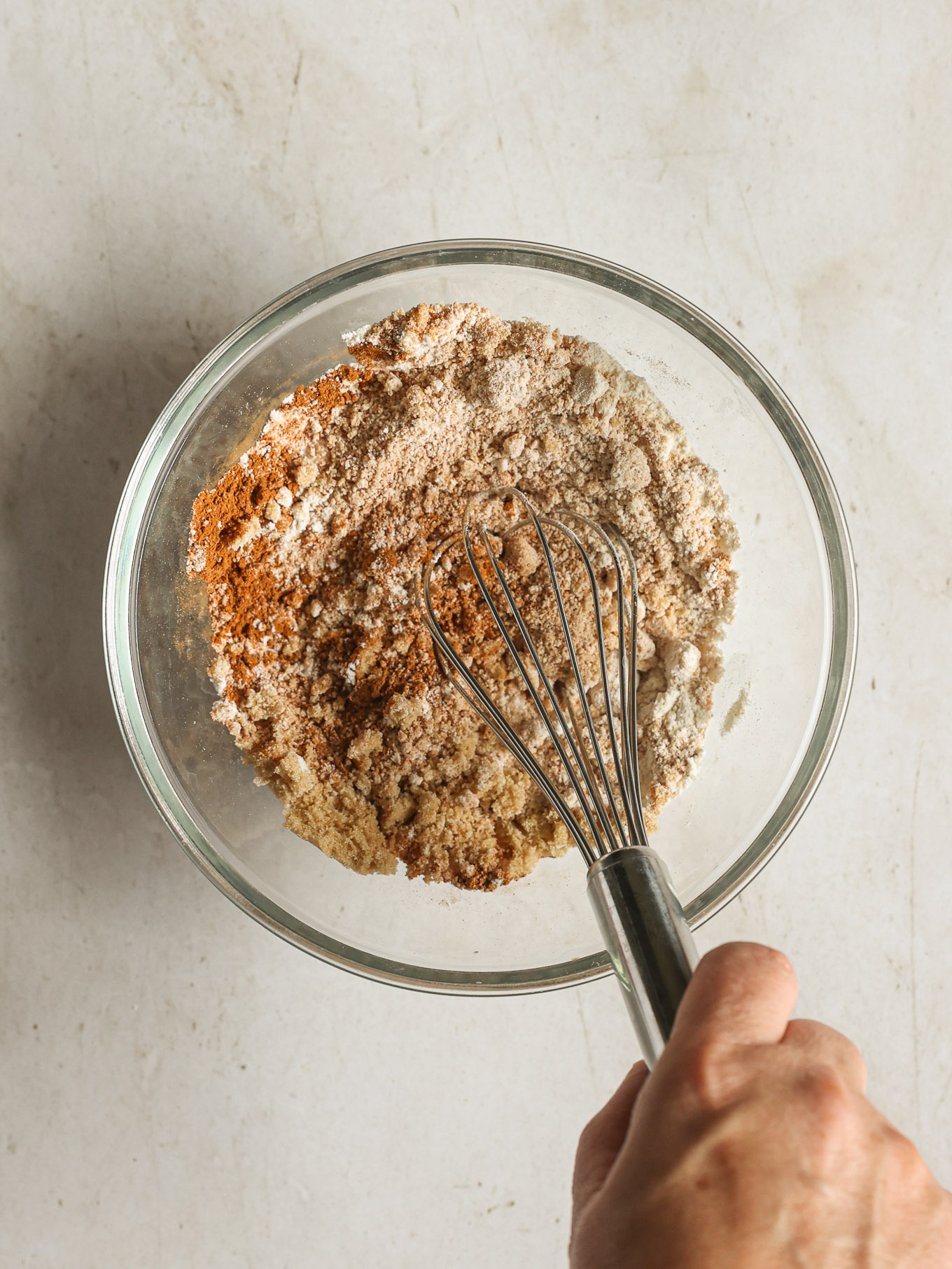 dry ingredients in glass bowl for streusel topping.