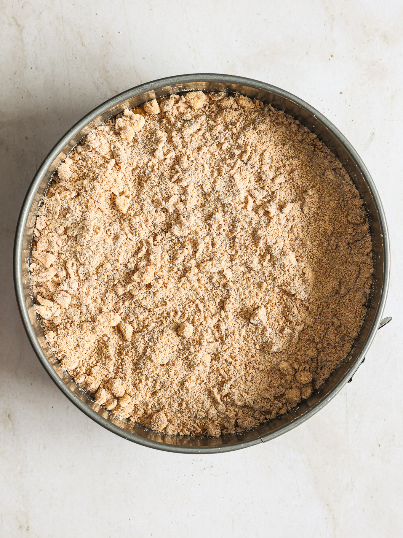 coffee cake batter in a springform pan topped with streusel.