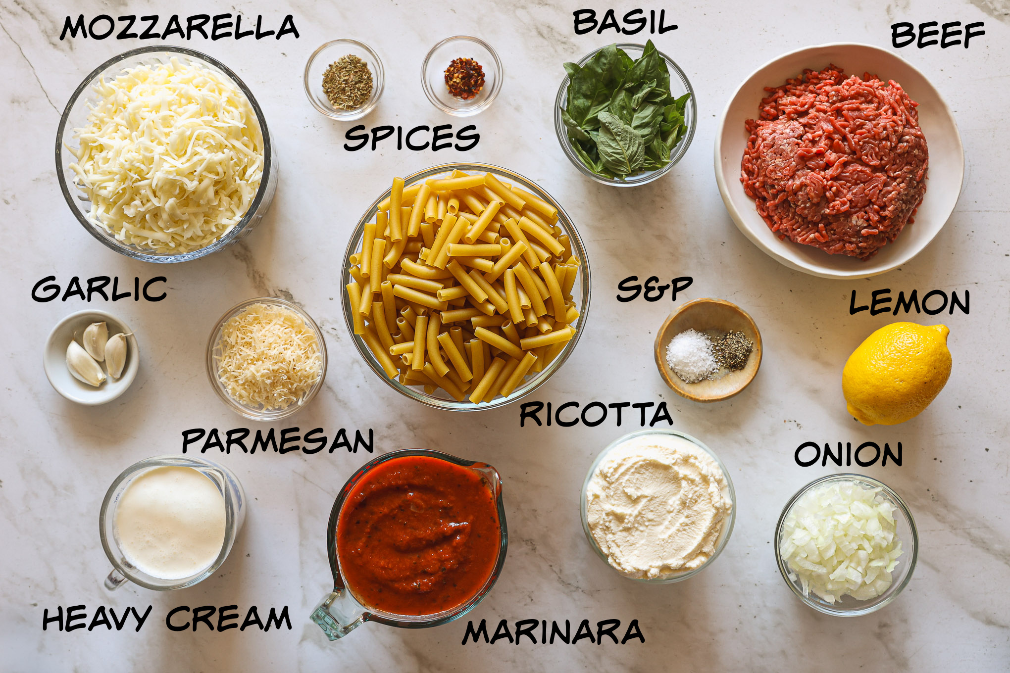 ingredients for baked ziti.