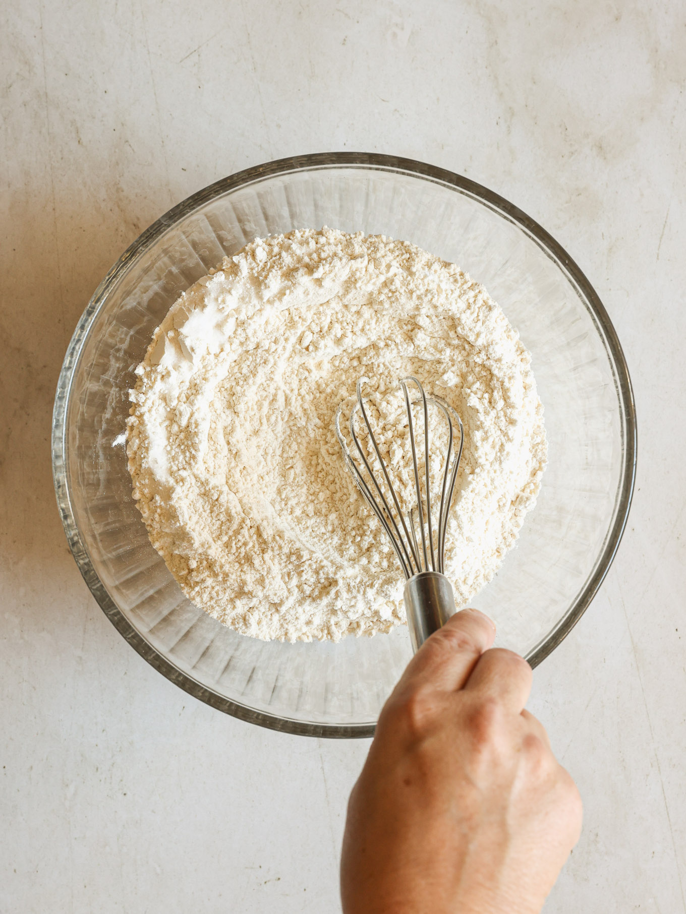 dry ingredients in a glass mixing bowl.