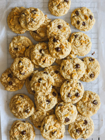 cornflake cookies on parchment paper.