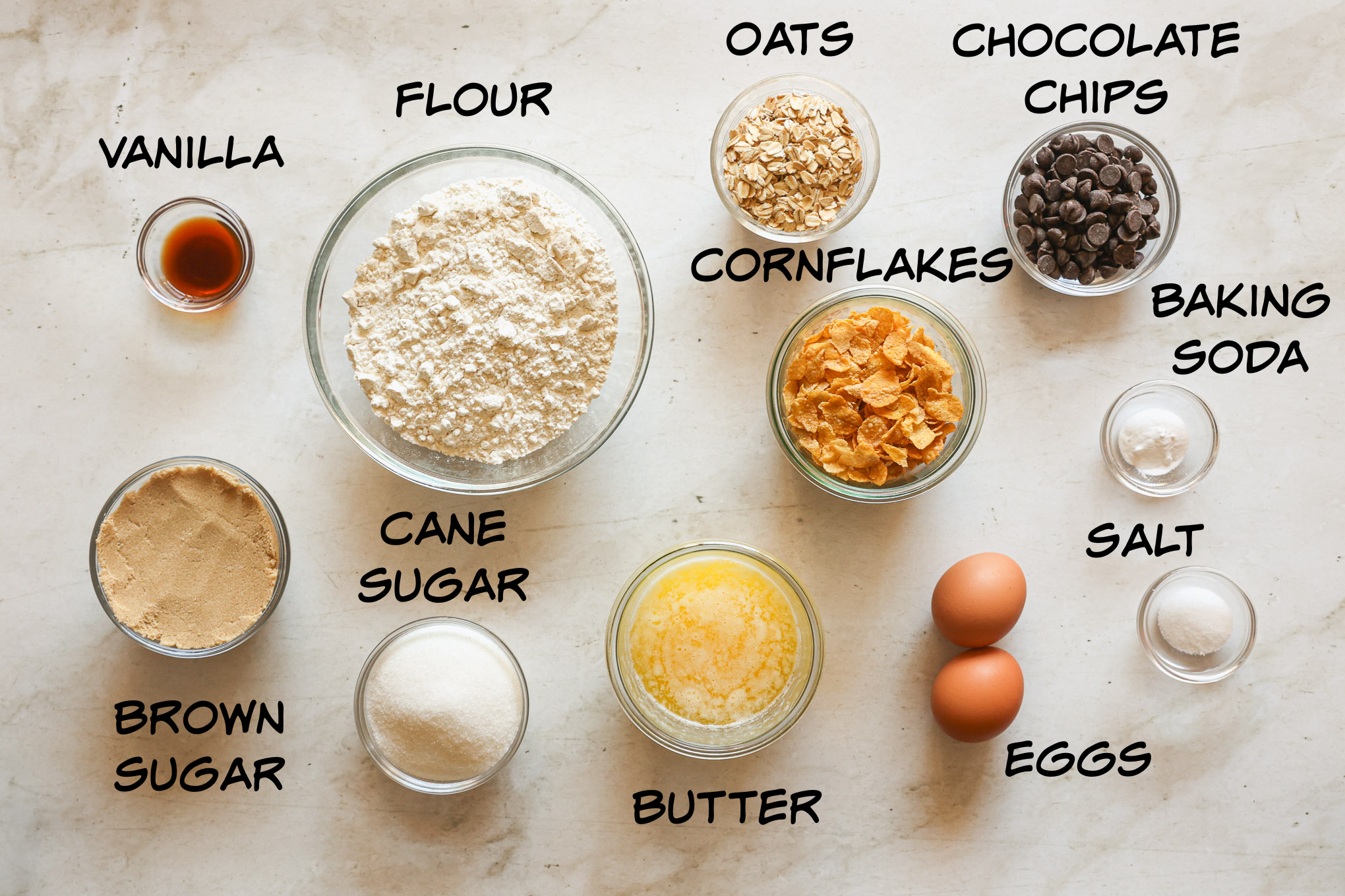 ingredients for old fashioned cornflake cookies.