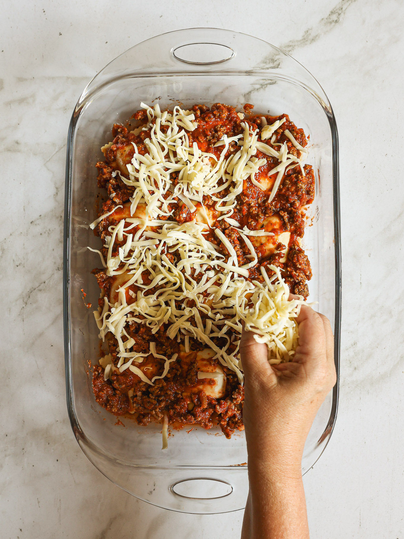 cheese sprinkled over ravioli and sauce. 