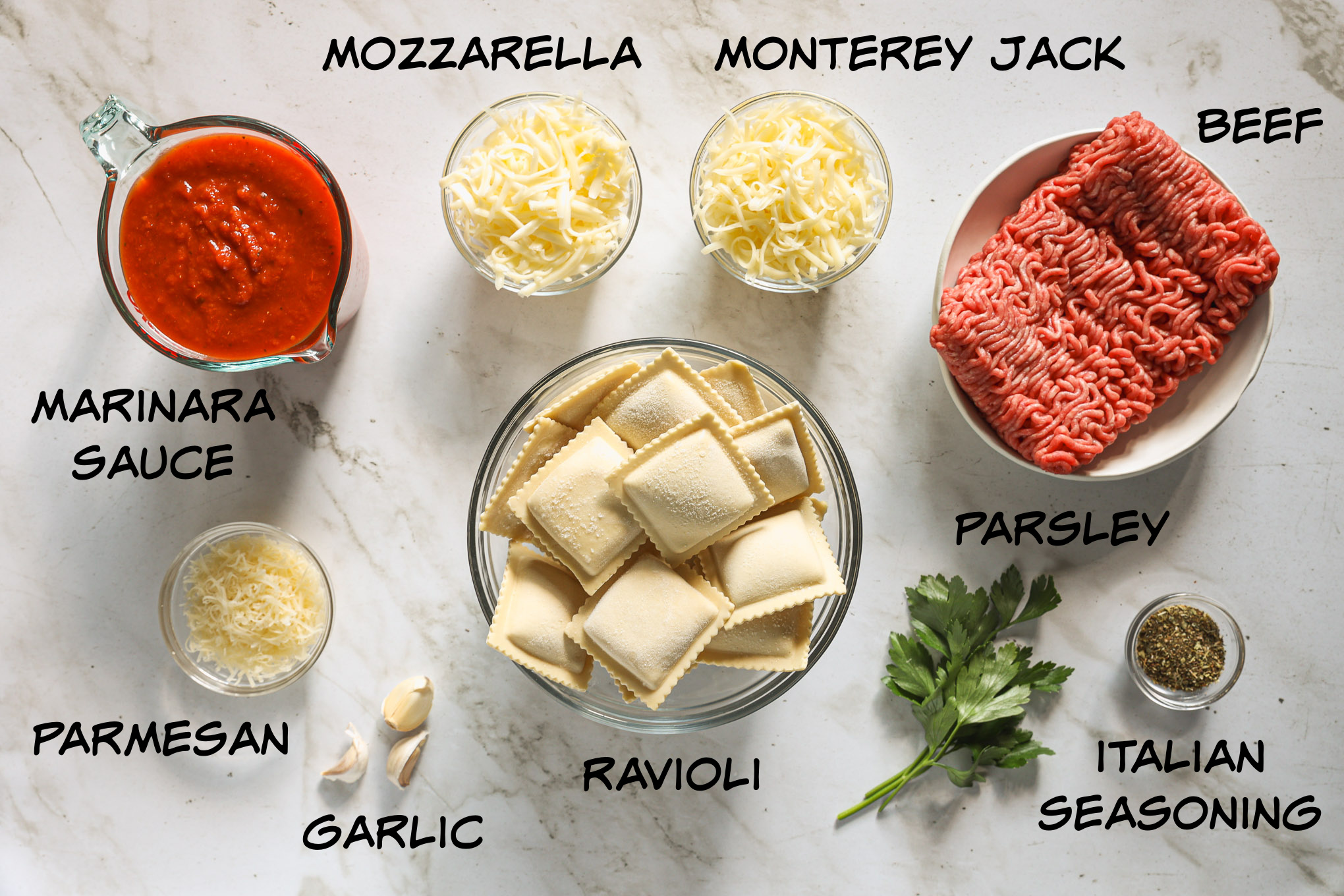 ingredients for ravioli bake.