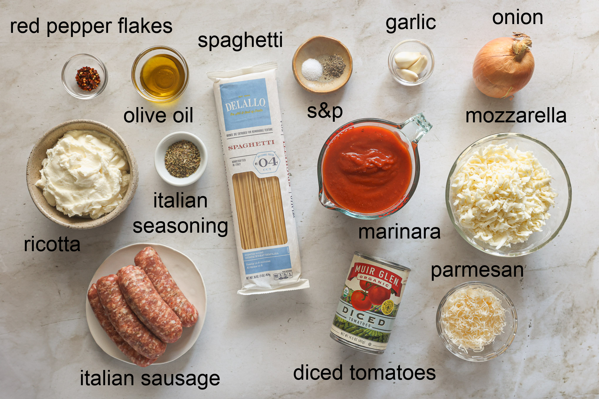 ingredients for baked spaghetti recipe.