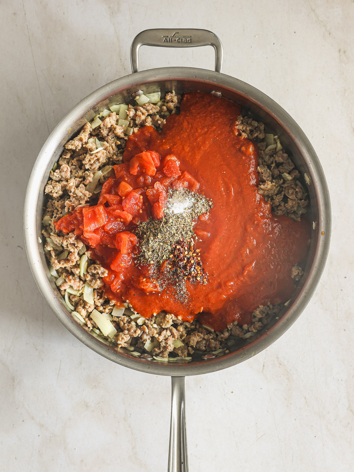 meat sauce in a skillet.