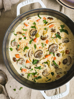 creamy chicken orzo soup in a pot.