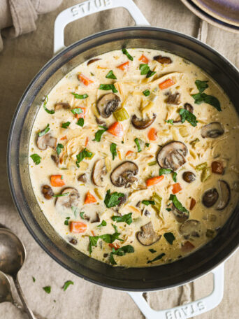 creamy chicken orzo soup in a pot.